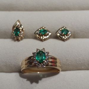 Emerald and 14 Karat Gold Ring, Earrings & Pendant